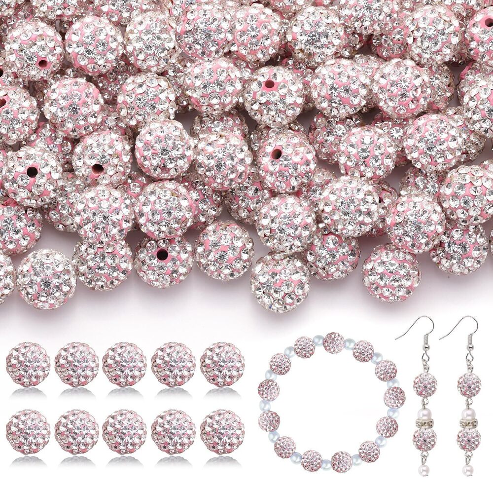 2295 200pcs 10mm Rhinestone Beads for Jewelry Making, Pink White Shiny